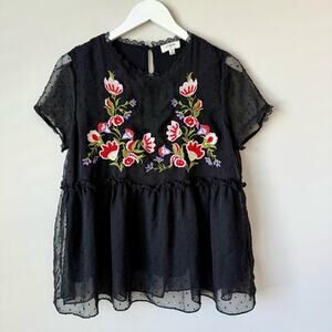 Umgee | Black Embroidered Swiss Dot Babydoll Top